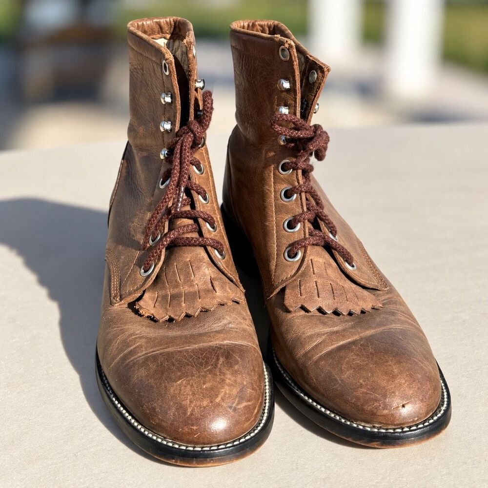 Justin Vintage Lace Up Boots Roper Kiltie Leather Brown Western Youth 5D  Y4321